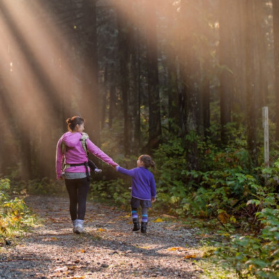 mom and daughter walking on a trail in the forest with sun rays breaking through the branches to the ground.